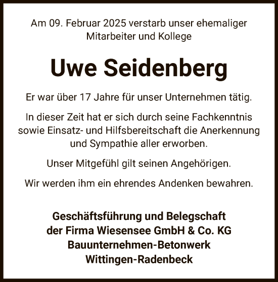 Traueranzeige von Uwe Seidenberg von UEL
