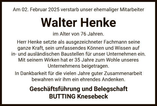 Traueranzeige von Walter Henke von UEL