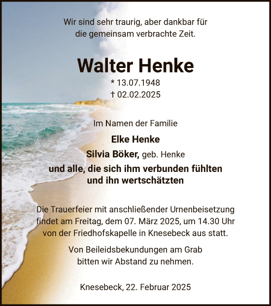 Traueranzeige von Walter Henke von UEL