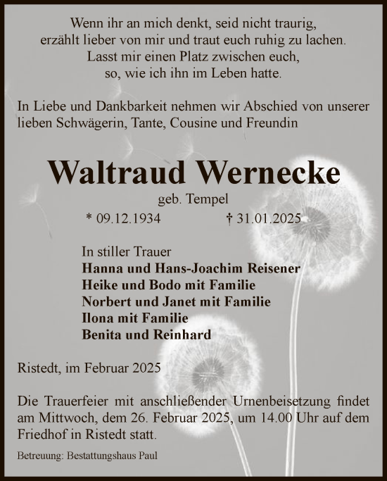 Traueranzeige von Waltraud Wernecke von UEL