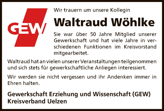Traueranzeige von Waltraud Wöhlke von UEL