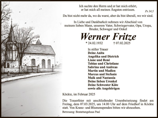 Traueranzeige von Werner Fritze von UEL