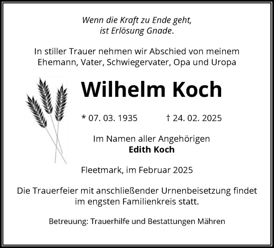 Traueranzeige von Wilhelm Koch von UEL