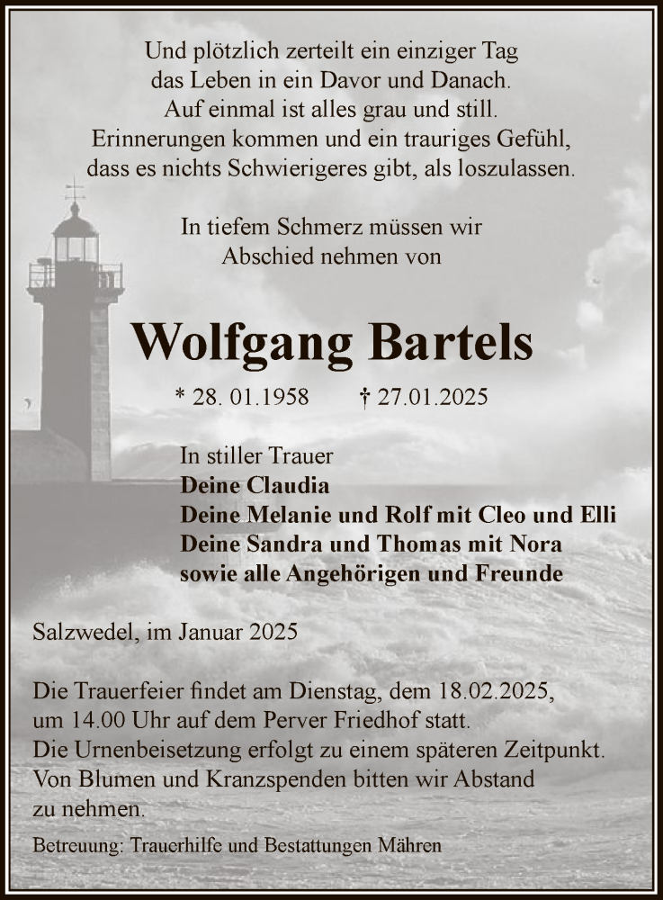  Traueranzeige für Wolfgang Bartels vom 05.02.2025 aus UEL