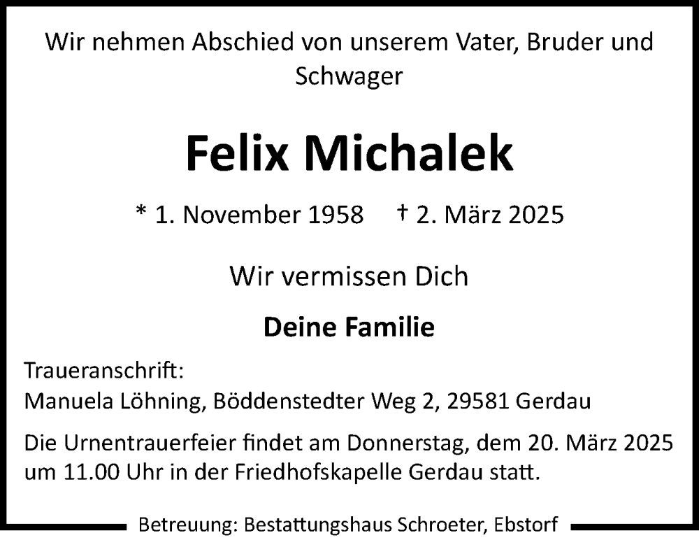  Traueranzeige für Felix Michalek vom 11.03.2025 aus UEL