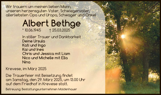 Traueranzeige von Albert Bethge von UEL