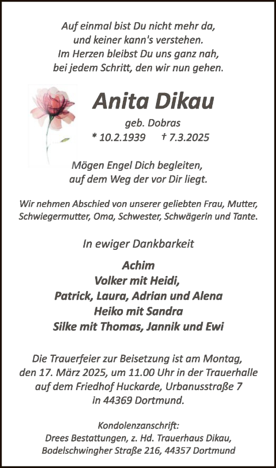 Traueranzeige von Anita Dikau von UEL