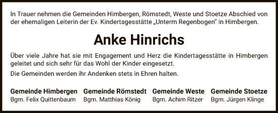 Traueranzeige von Anke Hinrichs von UEL
