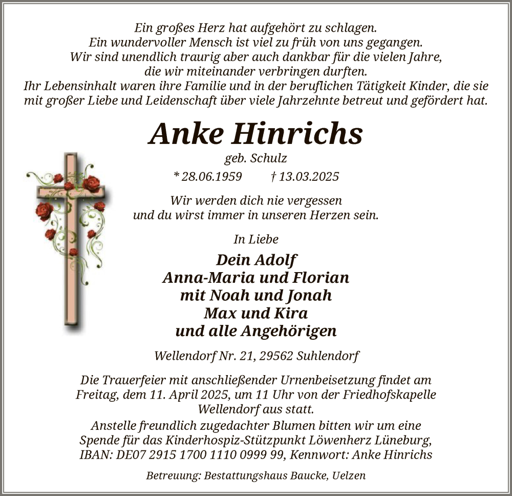  Traueranzeige für Anke Hinrichs vom 29.03.2025 aus UEL