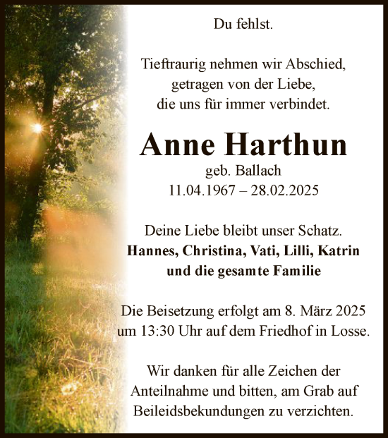 Traueranzeige von Anne Harthun von UEL