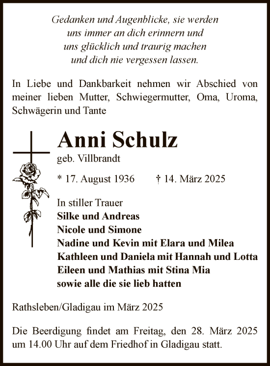 Traueranzeige von Anni Schulz von UEL