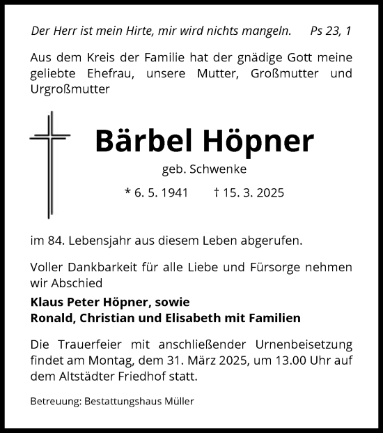 Traueranzeige von Bärbel Höpner von UEL