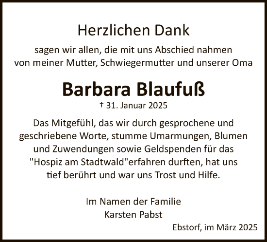 Traueranzeige von Barbara Blaufuß von UEL
