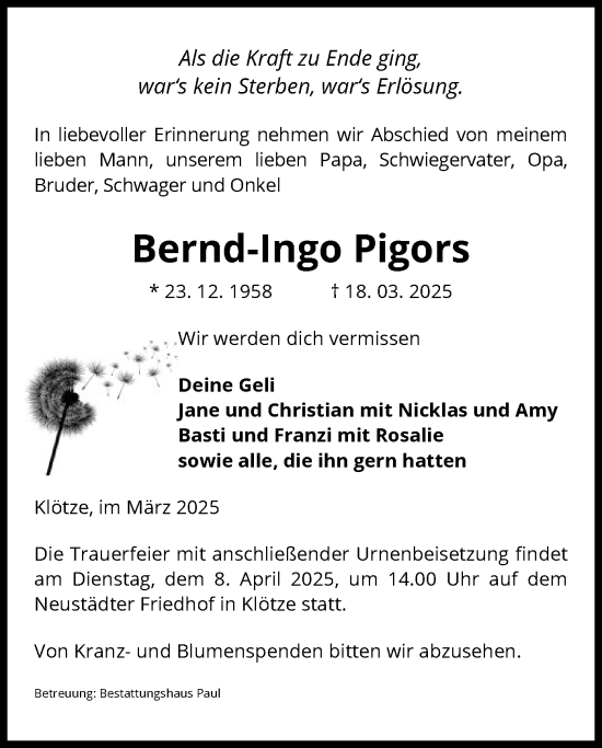 Traueranzeige von Bernd-Ingo Pigors von UEL