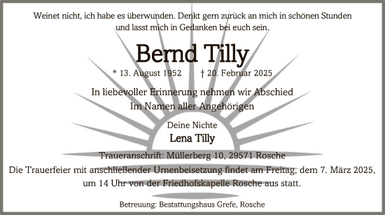 Traueranzeige von Bernd Tilly von UEL