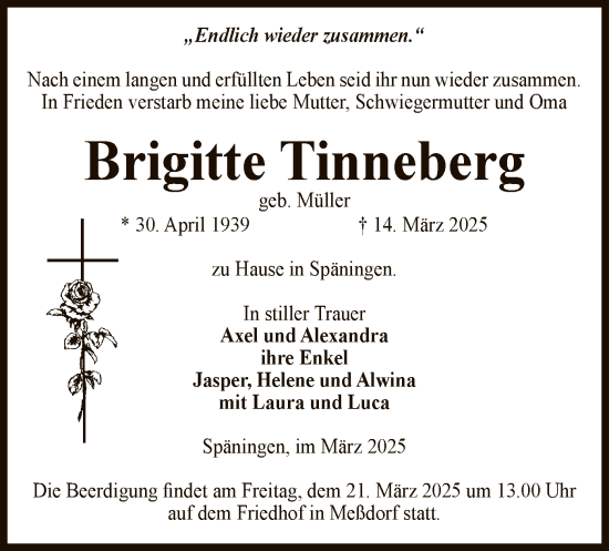 Traueranzeige von Brigitte Tinneberg von UEL