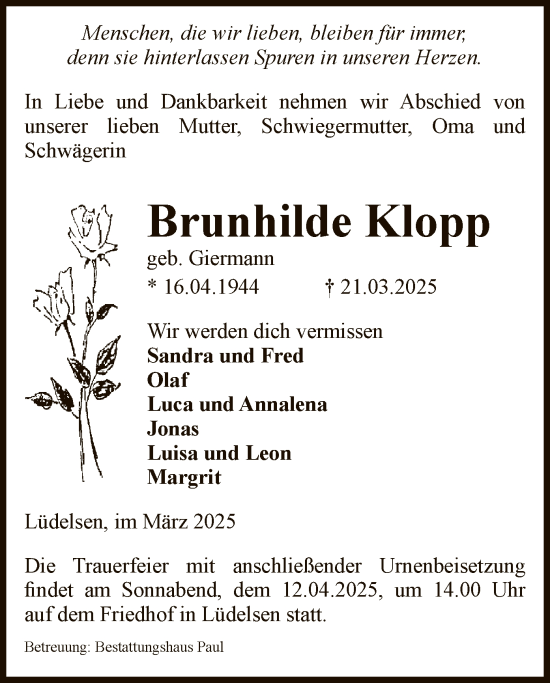 Traueranzeige von Brunhilde Klopp von UEL