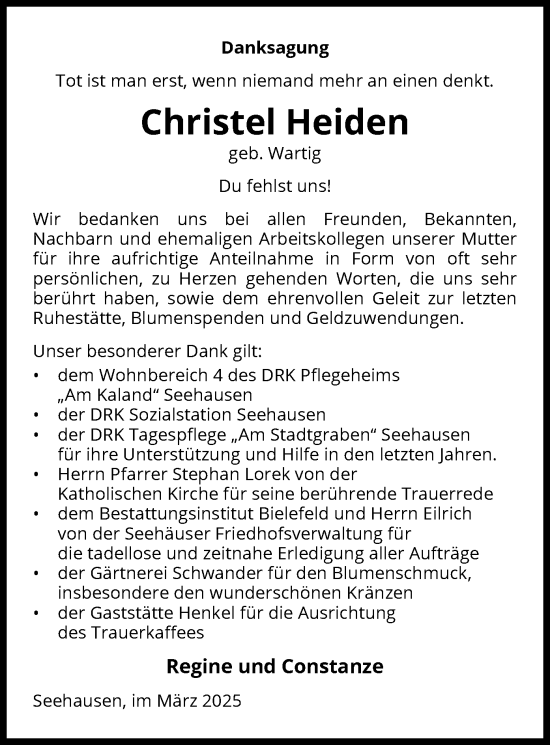 Traueranzeige von Christel Heiden von UEL