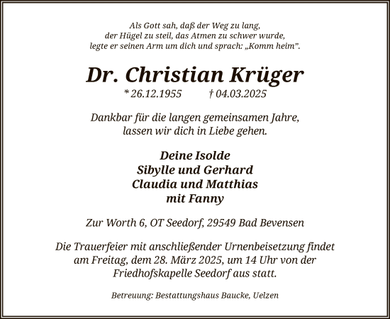 Traueranzeige von Christian Krüger von UEL