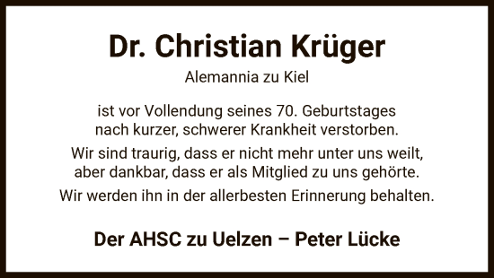 Traueranzeige von Christian Krüger von UEL