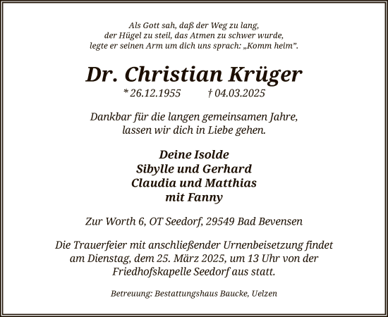 Traueranzeige von Christian Krüger von UEL