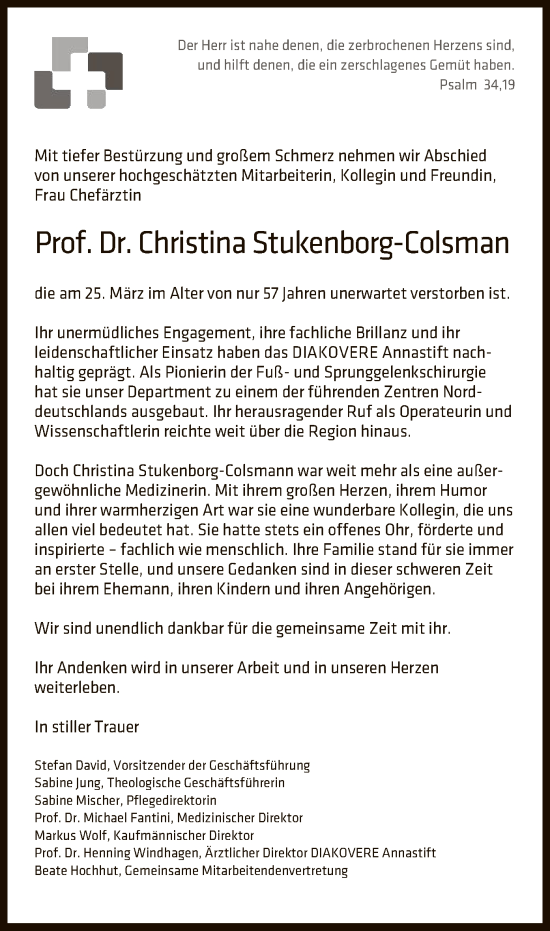 Traueranzeige von Christina Stukenborg-Colsman von UEL