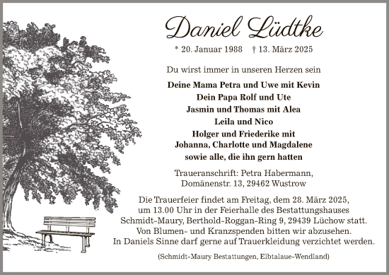 Traueranzeige von Daniel Daniel von UEL