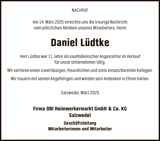 Traueranzeige von Daniel Lüdtke von UEL