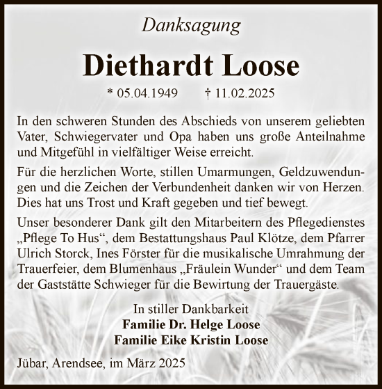 Traueranzeige von Diethardt Loose von UEL