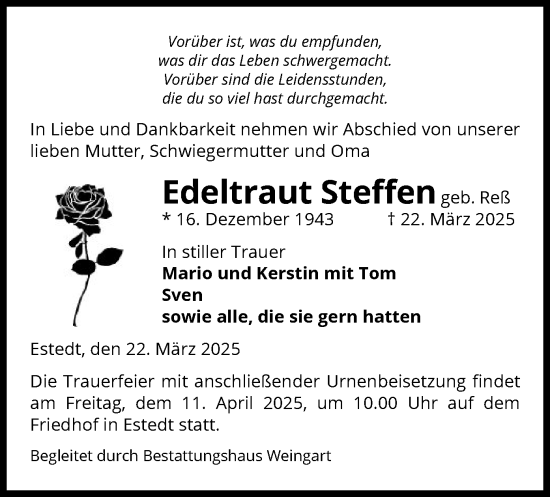 Traueranzeige von Edeltraut Steffen von UEL