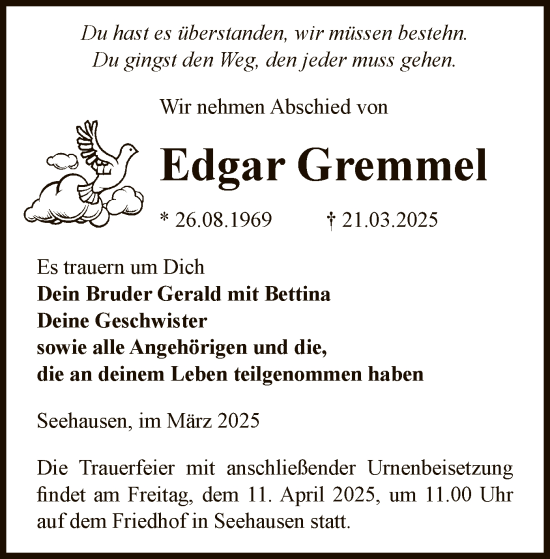 Traueranzeige von Edgar Gremmel von UEL