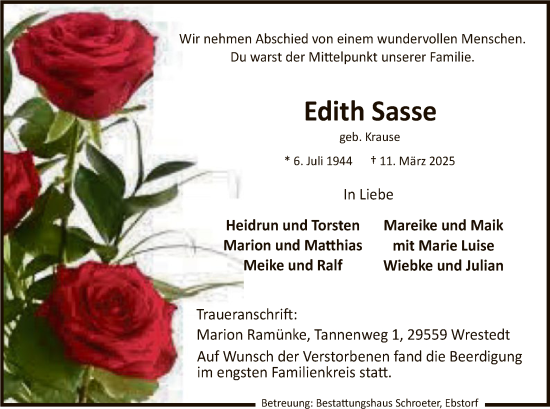 Traueranzeige von Edith Sasse von UEL