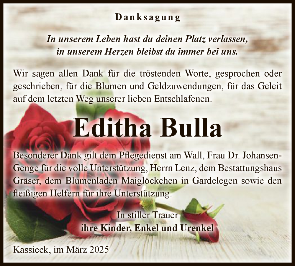  Traueranzeige für Editha Bulla vom 08.03.2025 aus UEL