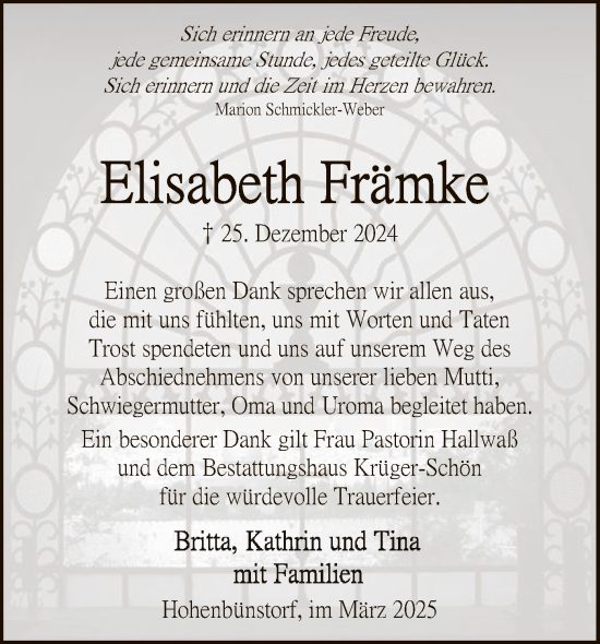 Traueranzeige von Elisabeth Främke von UEL