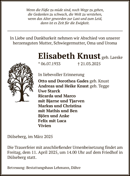 Traueranzeige von Elisabeth Knust von UEL