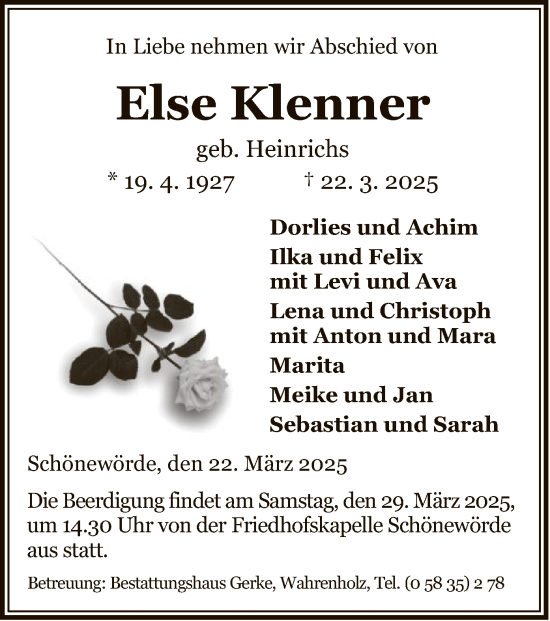 Traueranzeige von Else Klenner von UEL