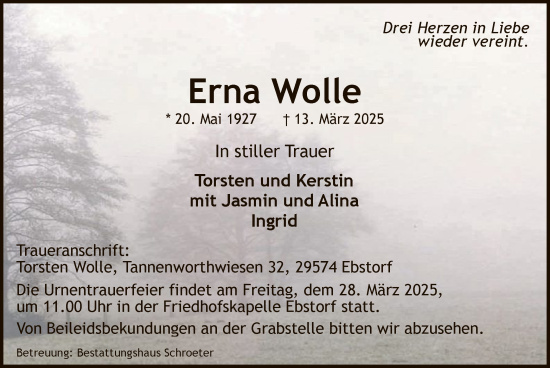 Traueranzeige von Erna Wolle von UEL