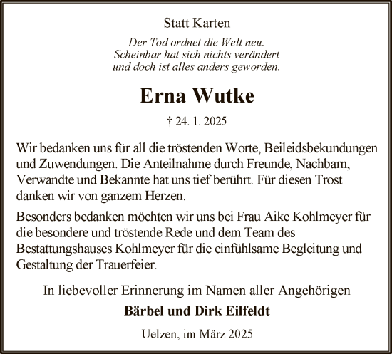 Traueranzeige von Erna Wutke von UEL