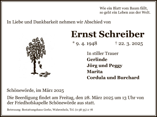 Traueranzeige von Ernst Schreiber von UEL
