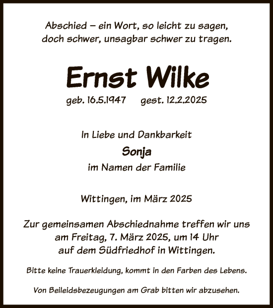 Traueranzeige von Ernst Wilke von UEL