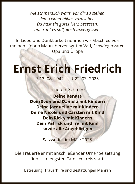 Traueranzeige von Ernst Erich Friedrich von UEL