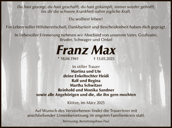 Traueranzeige von Franz Max von UEL