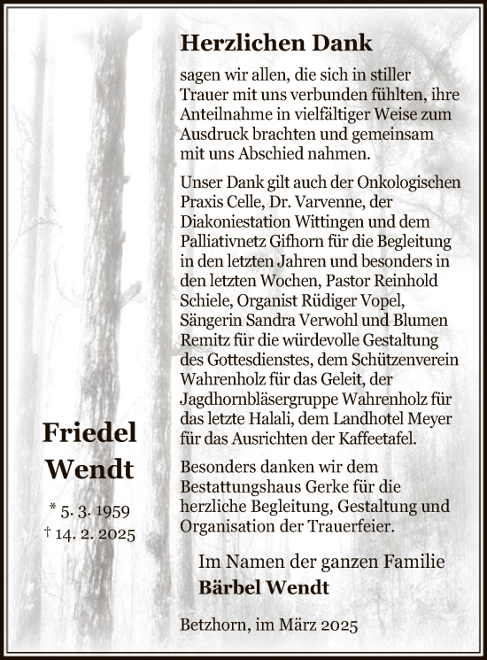 Traueranzeige von Friedel Wendt von UEL