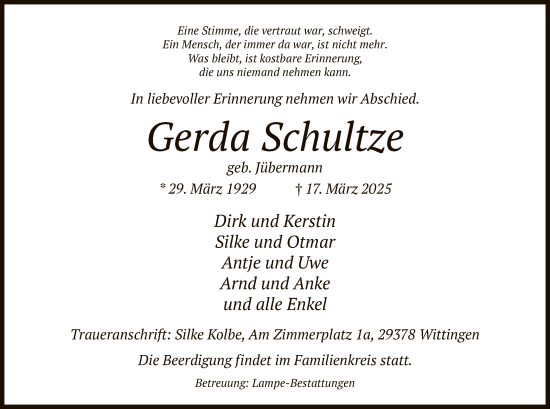 Traueranzeige von Gerda Schultze von UEL
