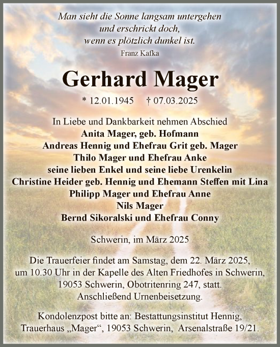 Traueranzeige von Gerhard Mager von UEL