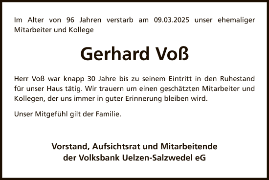 Traueranzeige von Gerhard Voß von UEL