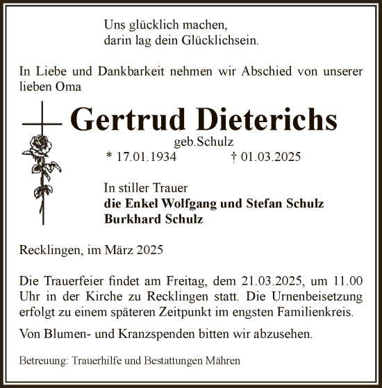Traueranzeige von Gertrud Dieterichs von UEL