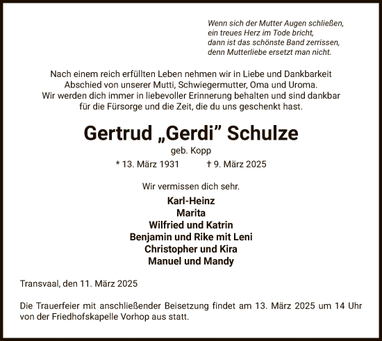 Traueranzeige von Gertrud Schulze von UEL