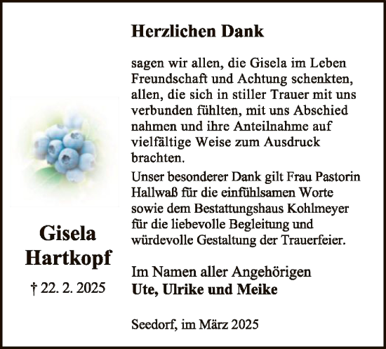 Traueranzeige von Gisela Hartkopf von UEL