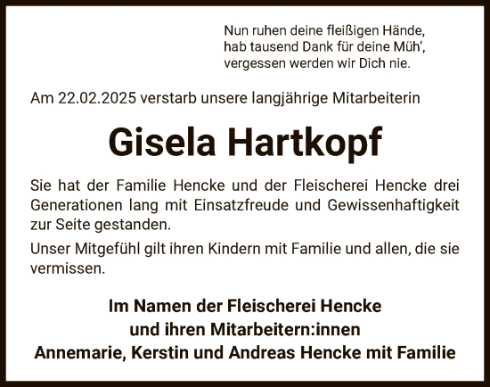 Traueranzeige von Gisela Hartkopf von UEL